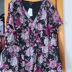 Lane Bryant Black Fuschia Top with Pink Floral Accent